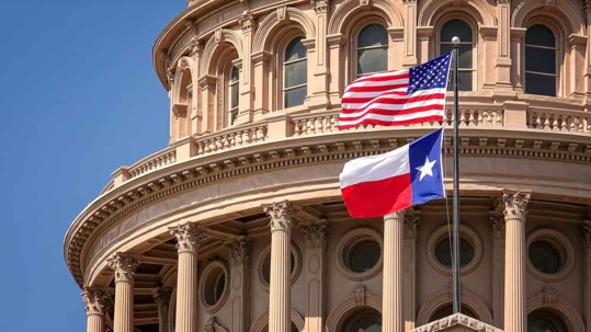 United States flag and Texas flag flying in front of a building