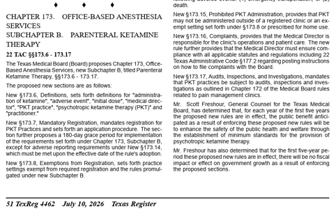 An excerpt of the from the July 10, 2026 Issue of the Texas Register with proposed rules for psychotropic ketamine therapy (PKT) in Texas.