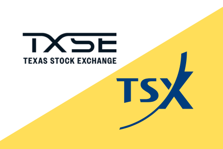 The Texas Stock Exchange and Toronto Stock Exchange logos on a white and yellow background. These logos were at the center of a recent trademark infringement lawsuit.