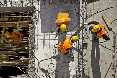 Overhead view of construction workers on a building project
