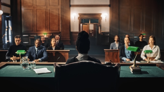 Female Judge sits with her back to camera facing the attorneys and audience in a courtroom
