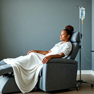 Relaxed looking woman on gray recliner with white blanket, receiving ketamine therapy.