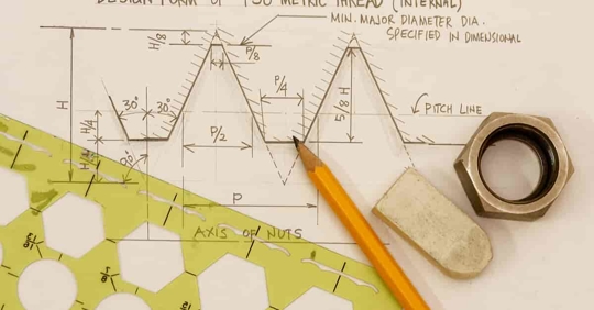 Design of bolt and nut innovation with sketch and dimension of thread design.